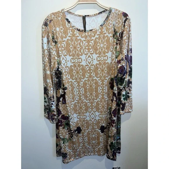 Jean-Pierre Klifa Size 1X Gold Multi Daphne Printed Dress‎ 3/4 Sleeves - Picture 7 of 7